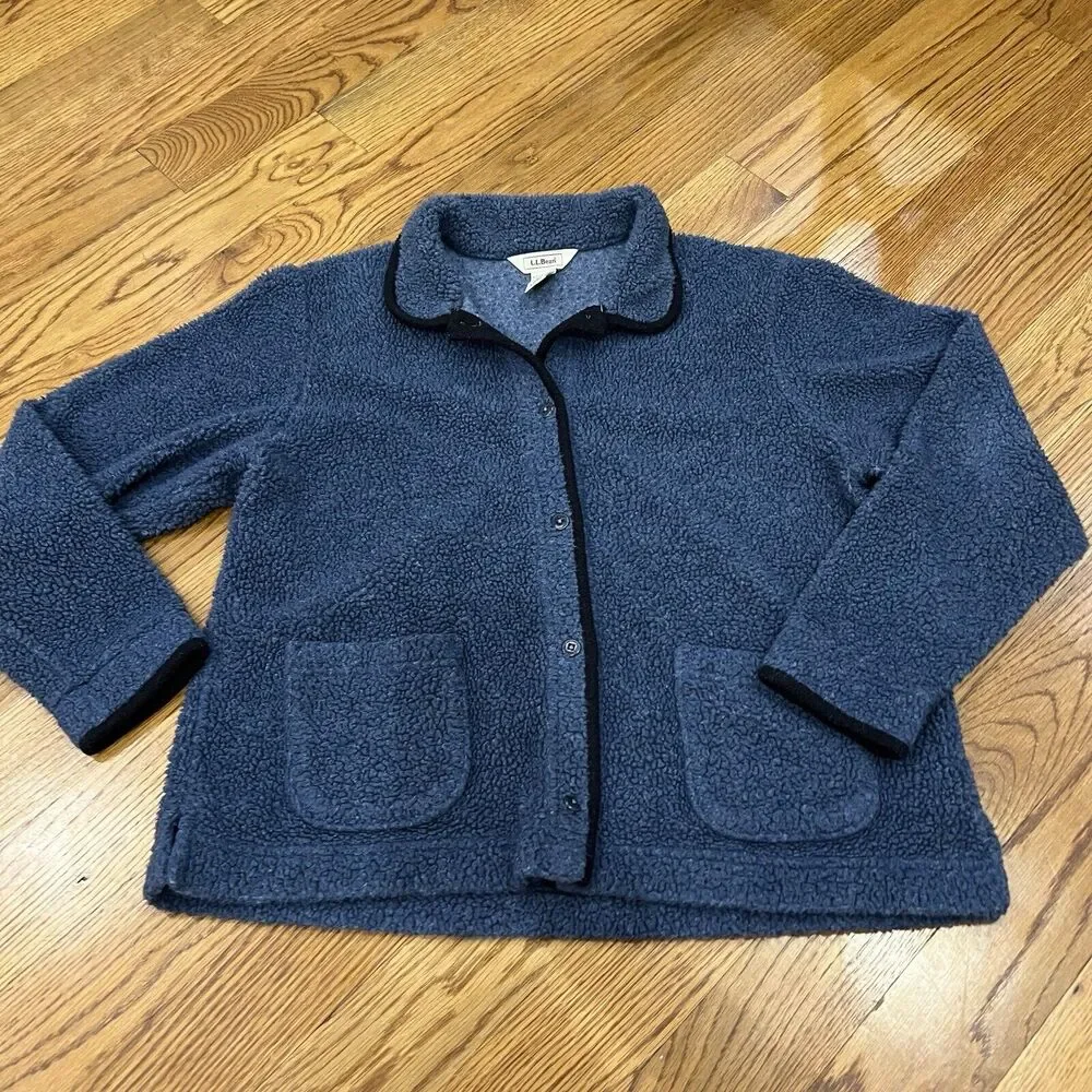 LL Bean Women‎ Size Large Blueish Gray Jacket Sherpa Lined Button Front